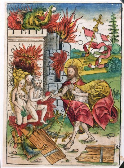 Christus in het voorgeborchte, 1491 (kleur houtsnede) door Michael Wolgemut